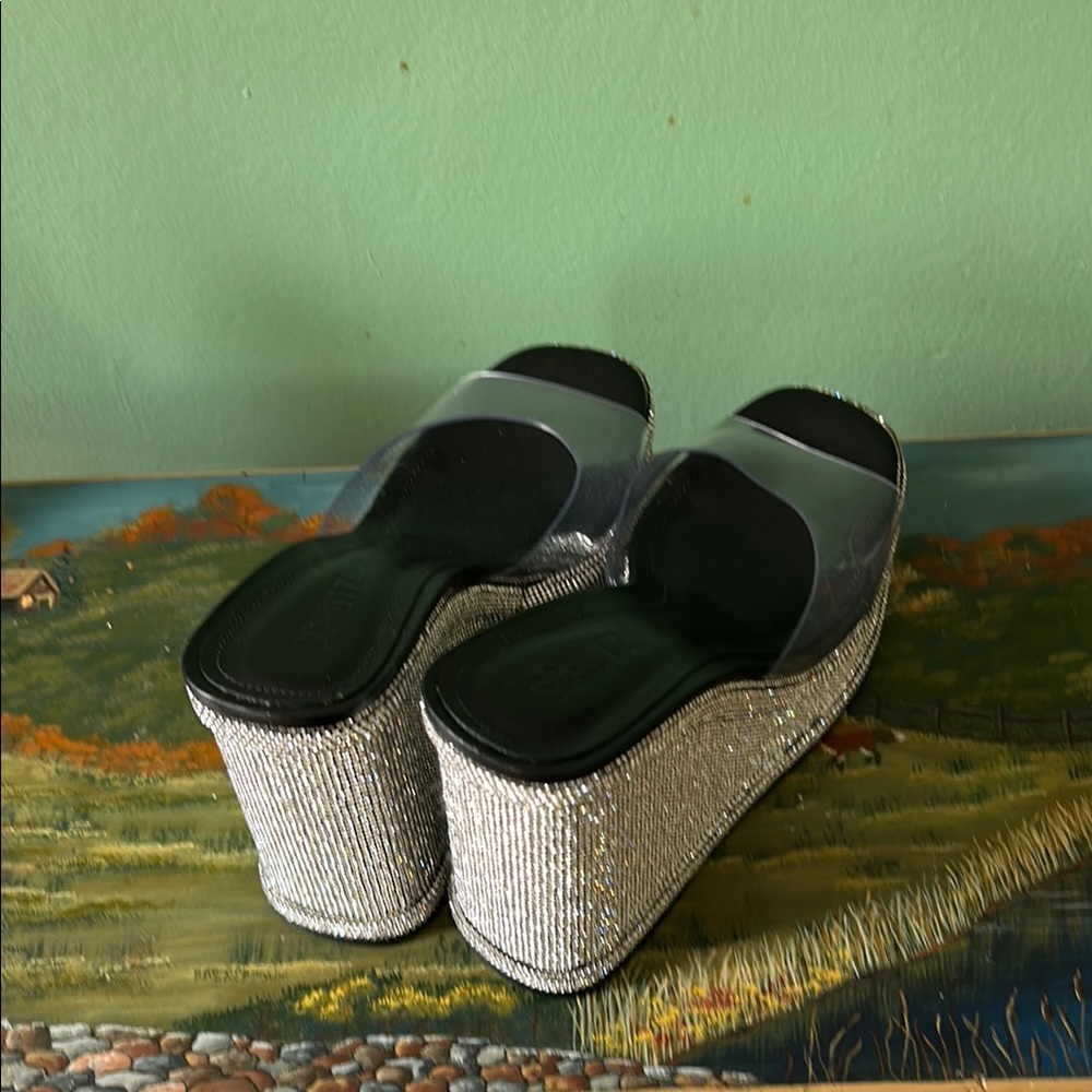 SCHUTZ Silver and Black Wedge Sandals - Picture 3 of 4